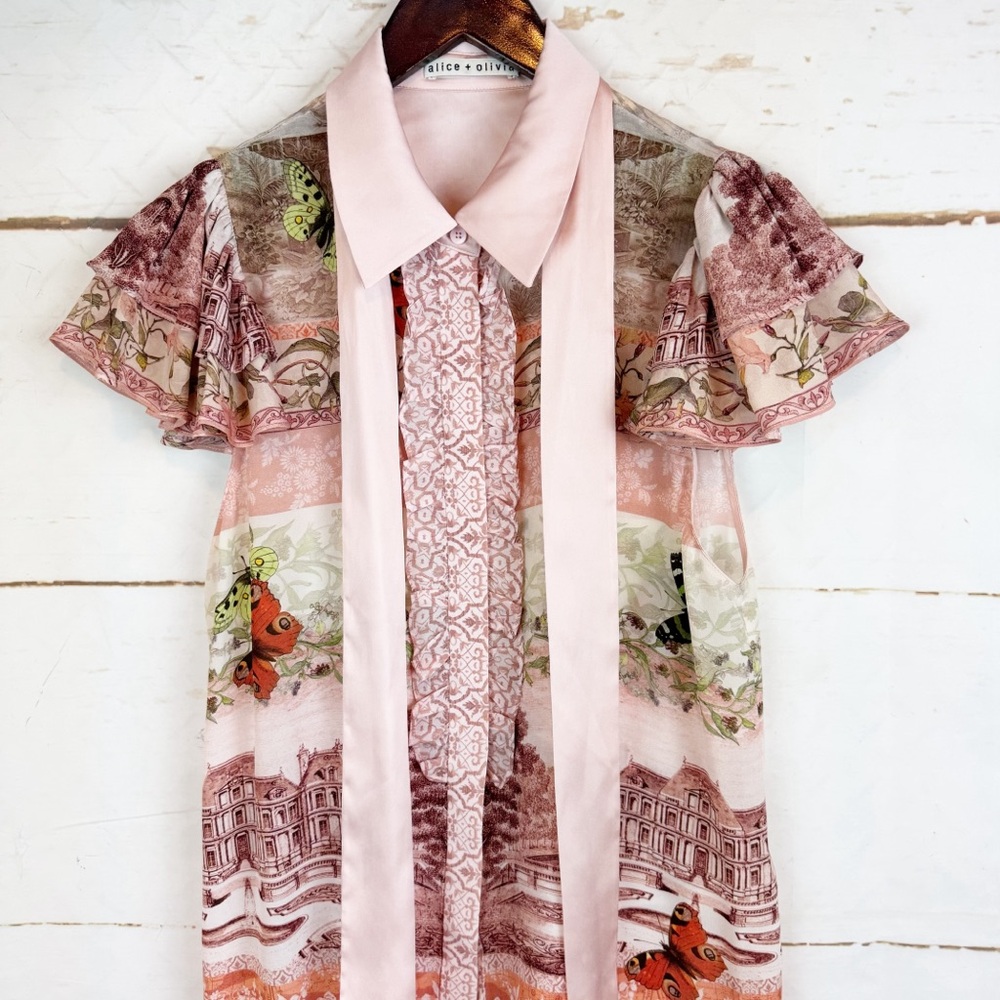 alice + olivia | Pink Versailles Minda Ruffle Tiered Short Sleeve Tie Top, M - Picture 9 of 16